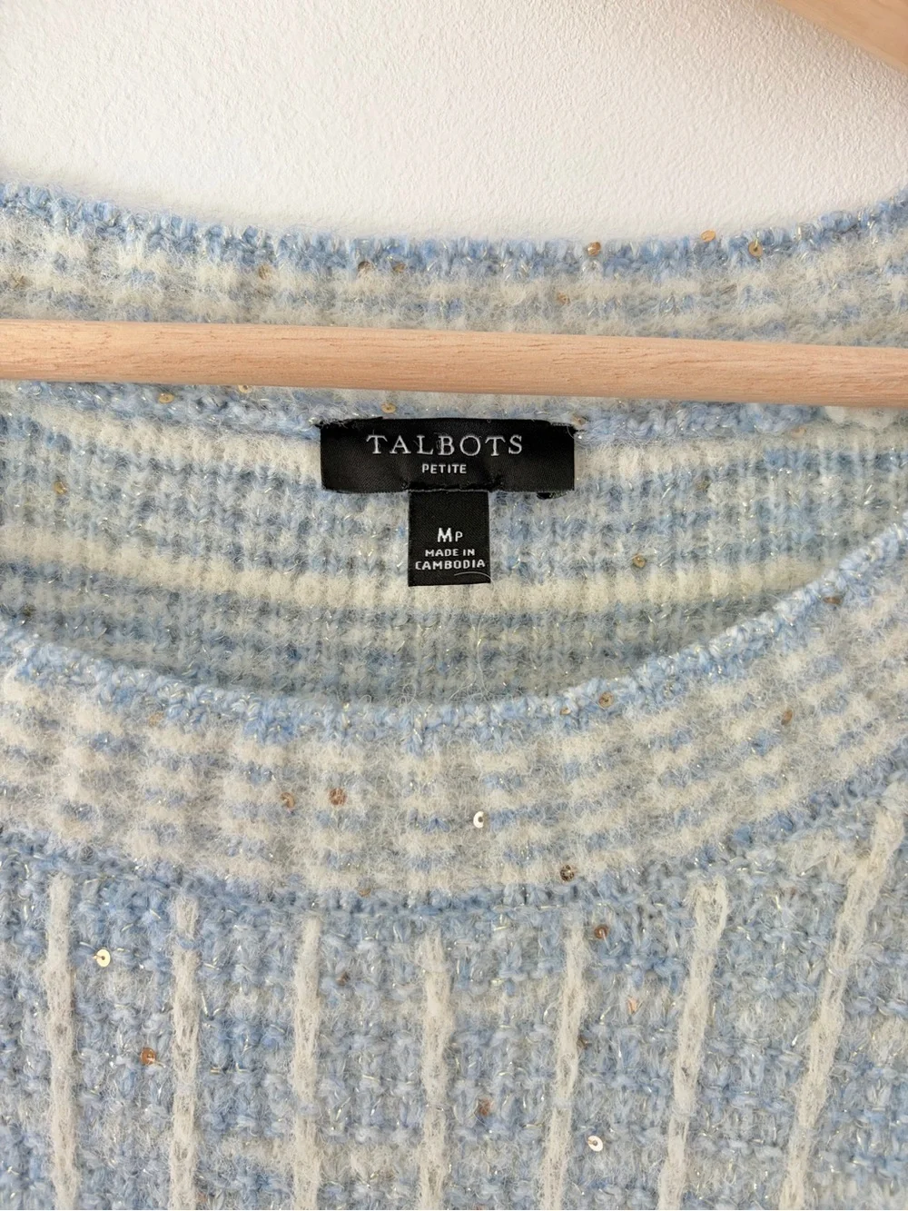 Talbots Blue Plaid SequiTalbots Light Blue & Cream Textured Short Sleeve Sweater